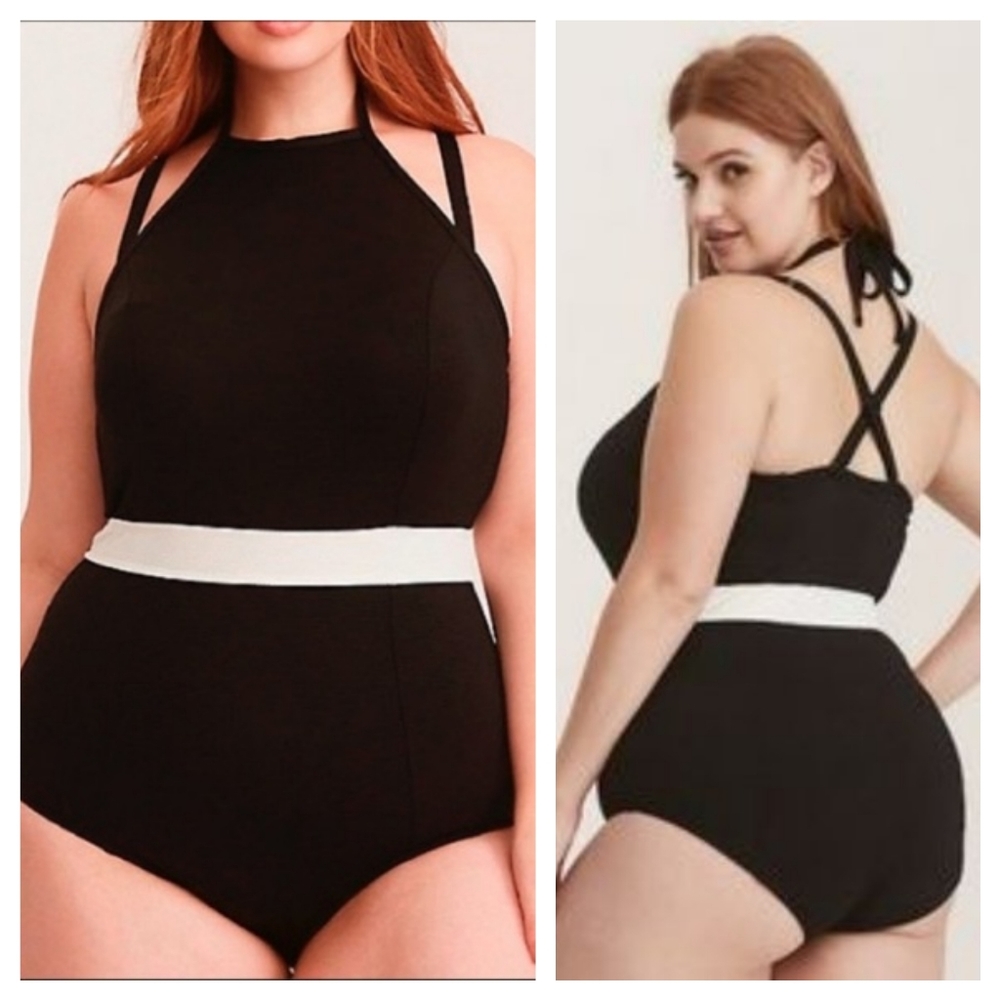 Torrid Textured High Neck Halter One Piece Swimsuit Black White 2X
